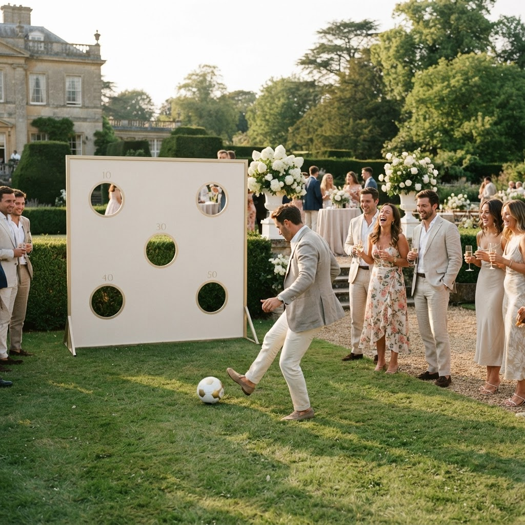 Well dressed guests competing at the luxury white and gold football shooting challenge at an elegant event