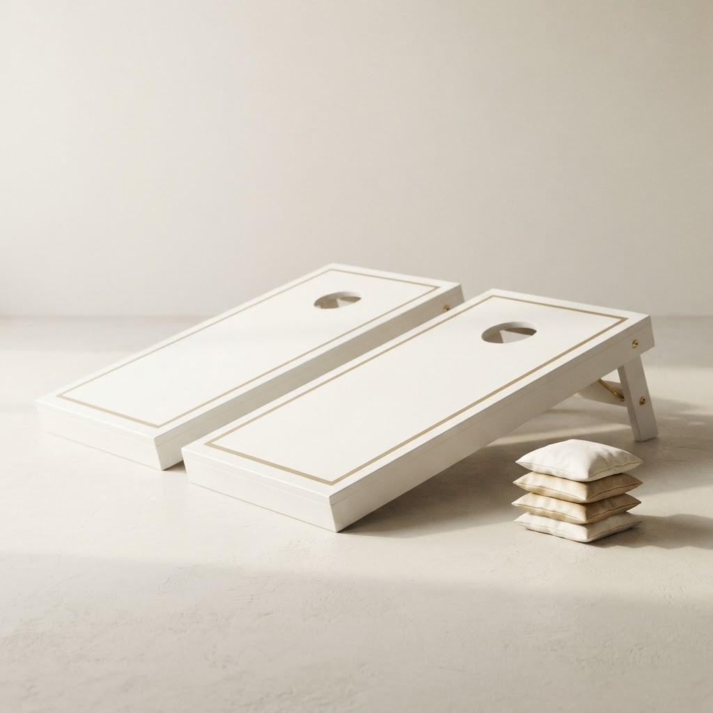 Pair of premium white cornhole boards with champagne gold borders and ivory beanbags